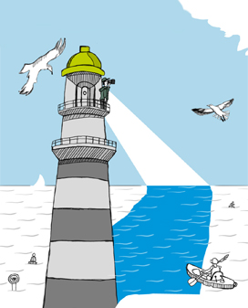 tandem-Illustration Ein Leuchtturm leuchtet zum Horizont